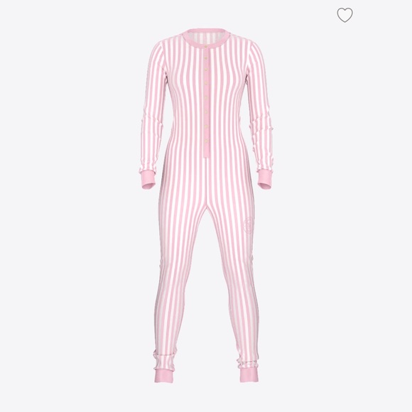 Pink Striped Women's Thermal Henley Long Onesie - Picture 3 of 4